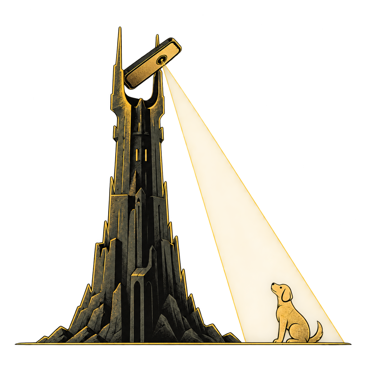 A phone atop a tower keeping an eye on a dog.